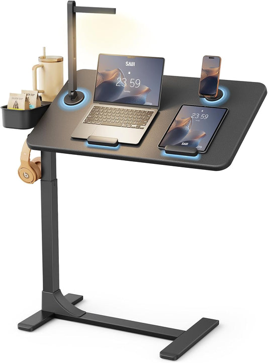 Rolling Overbed Desk with LED Light, Height & 360° Adjustable Mobile Laptop Bed Table