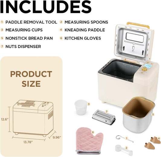 2.2LB Bread Machine, 15-in-1 with Auto Nut Dispenser & Ceramic Pan