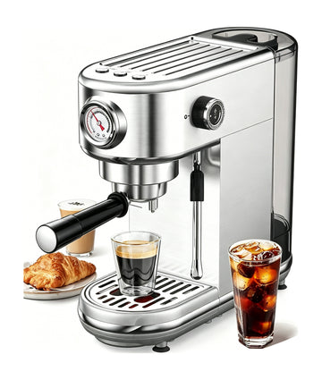 Silver 20 Bar Espresso Coffee Machine With Milk Frother | 44OZ Removable Water Tank Compact Coffee Maker For Latte Cappuccino Macchiato Home Office Use