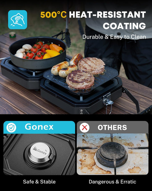 Portable 2-Burner Camping Propane Stove 16000 BTU with Griddle & Piezo Ignition