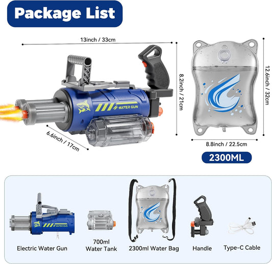 Voice Activated Electric Gatling Water Gun 3000ML, LED 26-30FT Summer Pool Toy