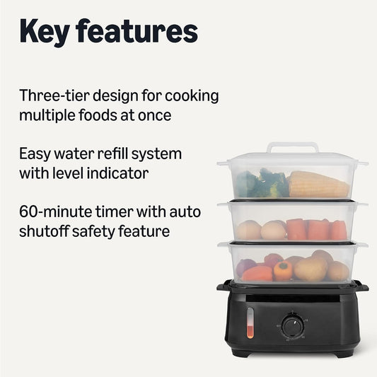 9.5 Quart 3-Tier Electric Steamer, Easy Refill Design for Vegetable Cooking