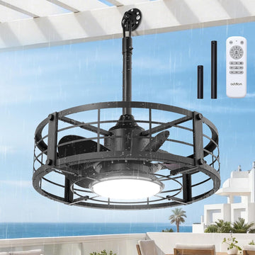 20" IP65 Outdoor Caged Hanging Fan with Light, 6-Speed Reversible & Dimmable