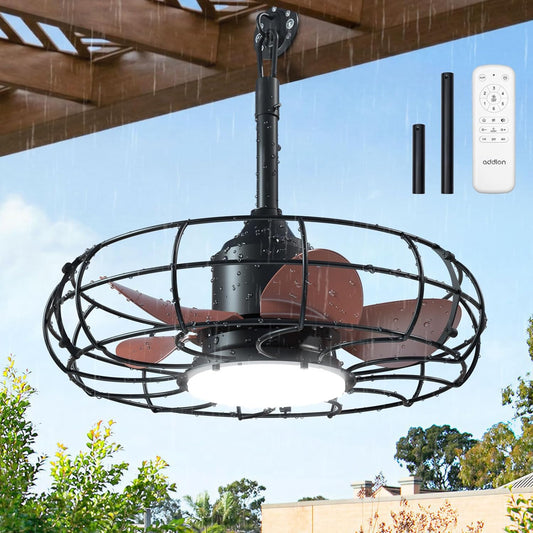20" IP65 Outdoor Caged Hanging Fan with Light, 6-Speed Reversible & Dimmable