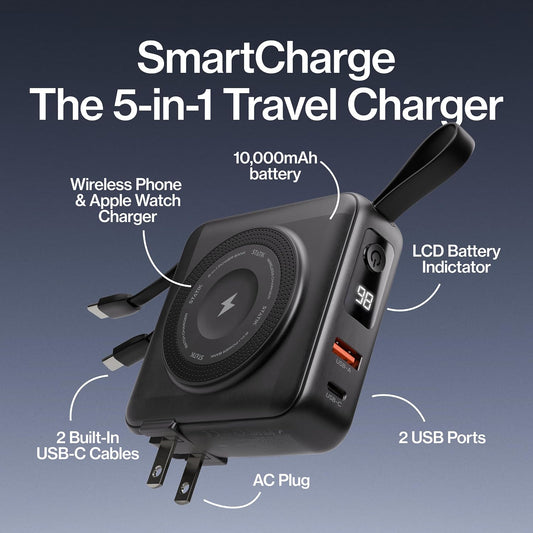 5-in-1 10000mAh Travel Power Bank with Built-in Cables & Watch Charger, EU Plug