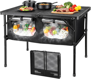 Adjustable Folding Camping Table with Insulated Cooler Storage Bag, Outdoor Table