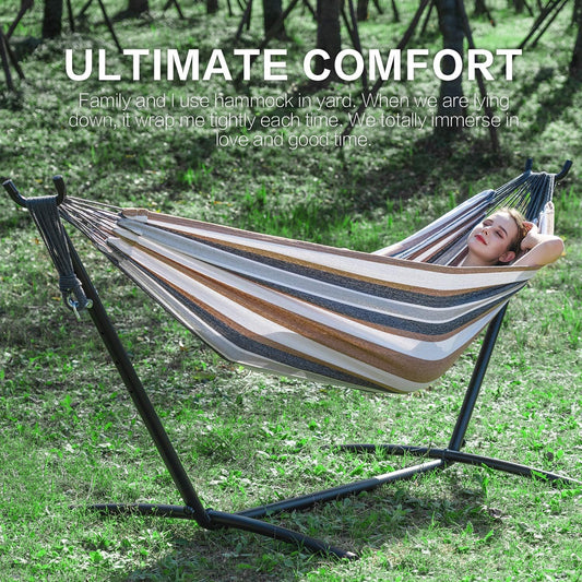 2 Person Double Hammock with Heavy-Duty Steel Stand, 450 Lbs Capacity Indoor Outdoor